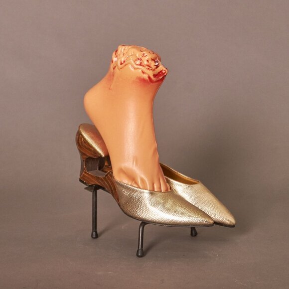 1960s Gold Cutout Floating Wood Carved Heels Shoes - Picture 1 of 13